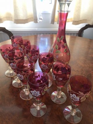 Vintage Bohemian Cranberry Ruby Red Fluted Set Of 10 Glasses Flowers,  Decanter