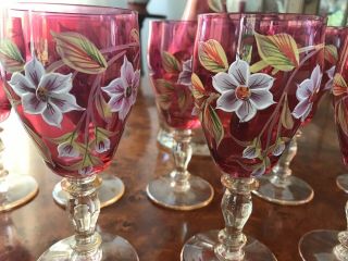 Vintage Bohemian Cranberry Ruby Red Fluted Set of 10 glasses Flowers,  Decanter 2