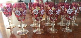 Vintage Bohemian Cranberry Ruby Red Fluted Set of 10 glasses Flowers,  Decanter 3