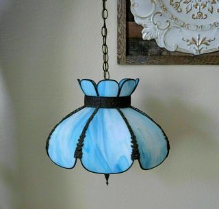 Vintage Mid Century Blue Slag Glass Tulip Flower Ceiling Light Lamp Chandelier