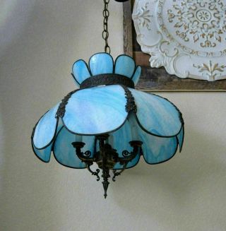 Vintage Mid Century Blue Slag Glass TULIP FLOWER CEILING LIGHT LAMP CHANDELIER 2