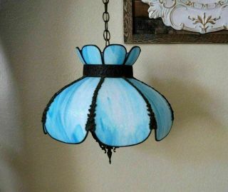 Vintage Mid Century Blue Slag Glass TULIP FLOWER CEILING LIGHT LAMP CHANDELIER 3