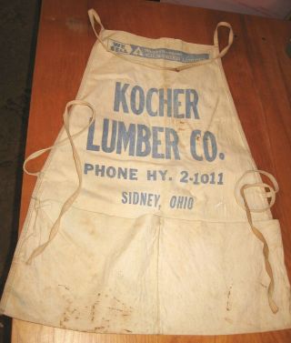 Vintage Kocher Lumber Co Sidney Ohio Canvas Nail Apron Phone Hy 2 - 1011