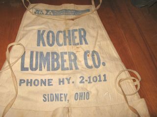 Vintage KOCHER Lumber Co Sidney Ohio Canvas Nail Apron Phone HY 2 - 1011 2
