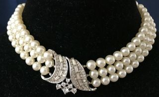 Vintage Alfred Philippe Crown Trifari Rhinestone Faux Pearl Necklace Elegant