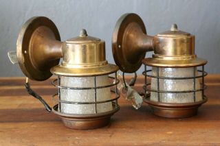Vtg Pair Mission Style Arts And Crafts Hanging Wall Sconces Brass Nautical Boat