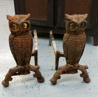 Vintage 1930s Iron Owl Andirons Amber Glass Eyes Fireplace Decor Cast Iron