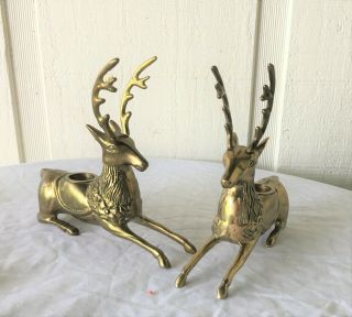 Vtg Vintage Brass Buck Deer Reindeer Figurines Taper Candle Holders 6 "