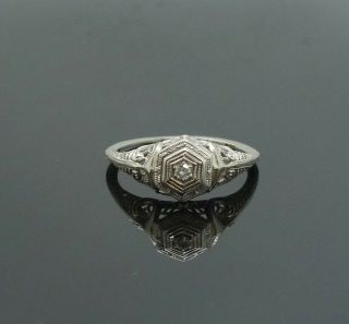 Antique Early 20c 14k White Gold Ornate Filigree Diamond Ring