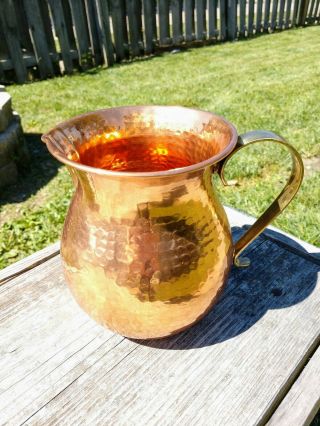 Vintage Hammered Copper Water Pitcher With Brass Handle 6 " Pot Vase Decor