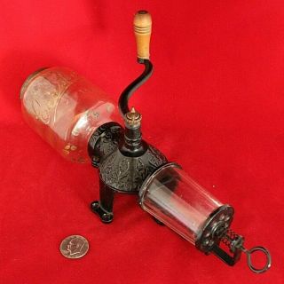 Vintage Arcade Crystal Coffee Grinder Wall Mount Hand Crank W/ Glass & Catch Cup