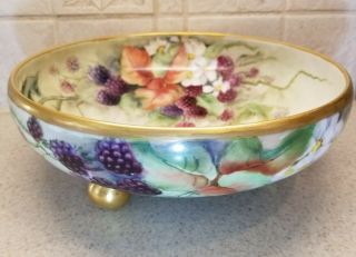 Vintage Hand Painted T & V Limoges Footed Bowl Raspberries Interior Exterior