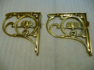 Antique Pair Art Nouveau Brass Shelf Brackets 10 " X 9 " Reg Date 1905 2.  7 Kilo