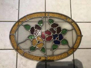 Vintage Lead Stained Glass,  Oval,  Flower Design,  22x15