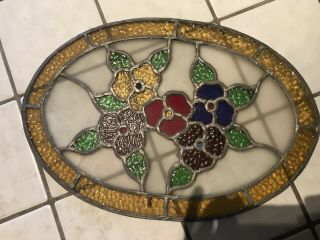 Vintage Lead Stained Glass,  Oval,  Flower Design,  22x15 2