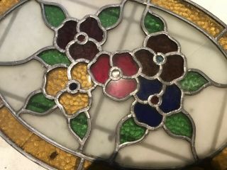 Vintage Lead Stained Glass,  Oval,  Flower Design,  22x15 3