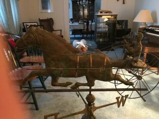 Vintage Copper Trotting Horse And Jockey Weathervane