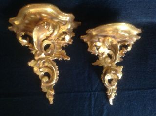 Pair Ornate Hand Carved Wood Gold Gilt Italian Acanthus Leaf Wall Bracket Shelf