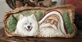 Wood Carved Rustic Santa W Samoyed Dog Shelf Sitter Ooak Lisa Rogers Carving