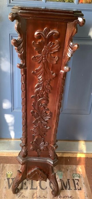 Vtg Carved Ornate Wood Wooden Pedestal Column Display Table Plant Stand
