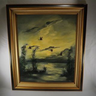 Vtg.  Framed Oil On Canvas By Jacque Barnes Geese In Flight 1975