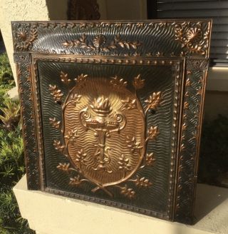 Antique Art Deco Hammered Copper Fireplace Surround W Cover / Torch Flame