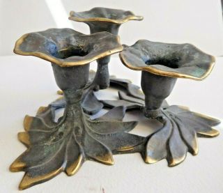Italian Brass 3 Candleholder Art Nouveau Style Flowers Sat On Triangle Of Leaves