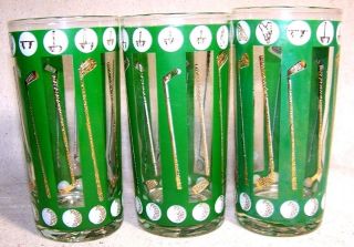 Set Of 3 Golf Clubs Tumblers Green Gold White Clear