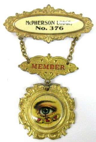 C.  1910 Ioof Odd Fellows Mcpherson Lodge 376 Kansas Pinback Badge Medal ^