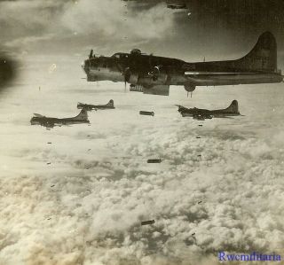 Org.  Photo: Aerial View 100th Bomb Group B - 17 Bombers Dropping Bombs On Target