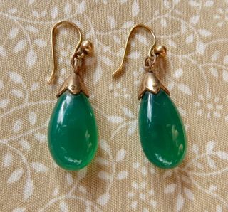Vintage Art Deco 9ct Gold & Green Agate Drop Earrings 1920s