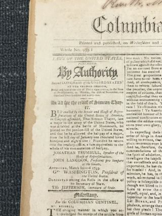 President George Washington - Act Of Congress Signed In Type - 1793 Newspaper