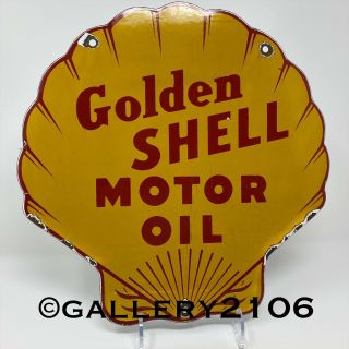 Vintage Shell Golden Motor Oil Porcelain Sign Gas Station Pump Plate Gasoline