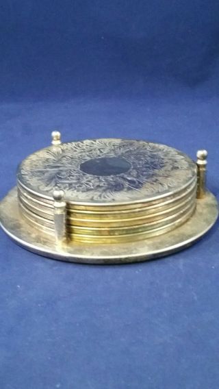 Vintage Silver Plate On Steel Set Of 5 Drink Coasters With Stand