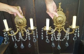 Pair 2 Vintage Brass Wall Sconces Ornate W Prisms Teardrop Crystals Spain