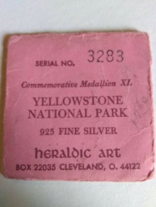1972 Heraldic Art Yellowstone National Park Centennial Silver Medal W/envelope
