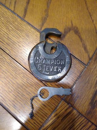 Vintage Champion 6 - Lever Brass Lock Possibly Bronze With Key
