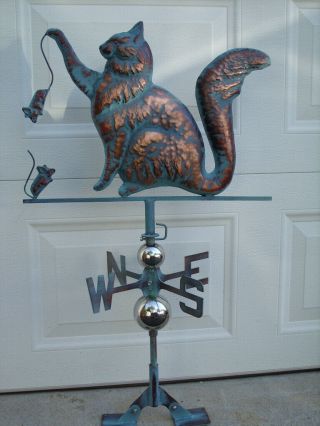 Cat Weathervane Antiqued Copper Finish Kitten Mouse Weather Vane Handcrafted