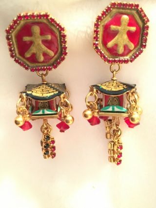 Lunch At The Ritz Vintage Yangtze Pagoda Earrings Red Green Dangle Modified