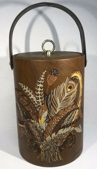 Vintage Georges Briard Vinyl Ice Bucket Brown Exotic Print Feathers