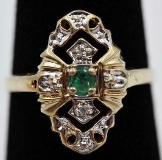 Vintage Estate Emerald & Diamonds 10k Solid Gold Filigree Size 5.  75 Ring