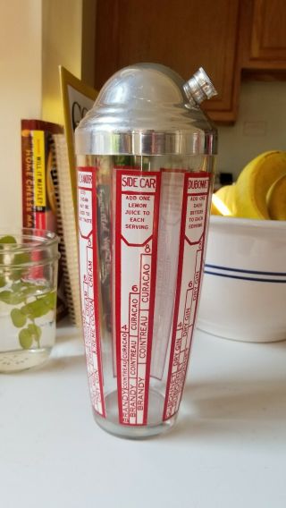 Vintage Large Mid - Century Glass Cocktail Recipe Shaker - Red,  White