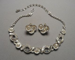 Elegant 1950s Pennino Necklace & Earrings Set - Baguette Diamante Rhinestones