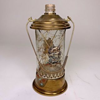 Vintage Brass & Glass Liquor Bottle Decanter Music Box With Sailboat Ship Decor