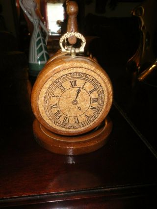 Vintage Set Of 6 Wooden & Cork Pocket Watch Clock Image Coasters With Wood Rack