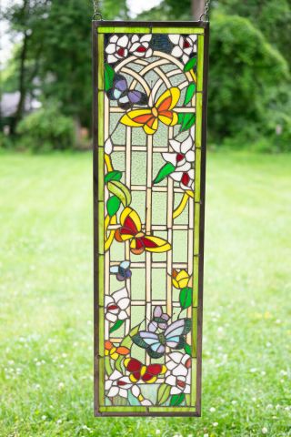10 " X 36 " Handcrafted Stained Glass Window Panel Butterfly Garden Flower