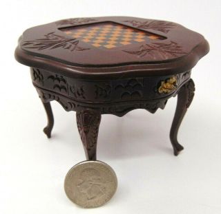 Vintage 1980s Miniature Carved Game Chess Table 1:12 Scale
