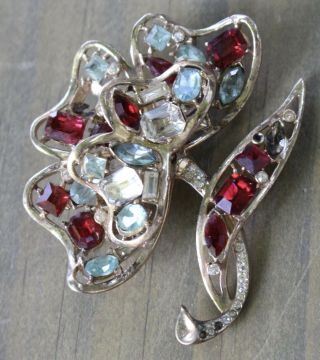 Vintage Coro Craft Sterling Silver Red Blue Clear Rhinestone Flower Brooch Pin