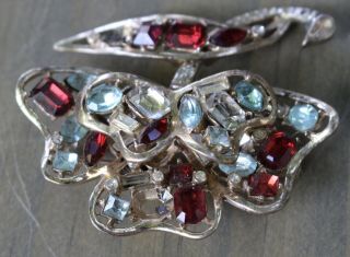 Vintage Coro Craft Sterling Silver Red Blue Clear Rhinestone Flower Brooch Pin 2
