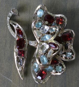 Vintage Coro Craft Sterling Silver Red Blue Clear Rhinestone Flower Brooch Pin 3